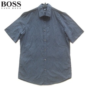 美品トルコ製!!ヒューゴボス HUGO BOSS*伊製生地 REGULAR FIT ロゴタグ付き ドット柄半袖シャツ S 紺×水色 大谷翔平