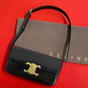 未使用保管品 CELINE セリーヌ トリオンフ クロード ロゴ 金具 レザー 本革 ショルダーバッグ セミショルダーバッグ ブラック 01463