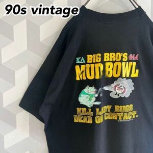 【90s USA製】XLサイズ　バックプリント　ポケット　シングルステッチ Tシャツ　fruit ofthe loom 黒 ヴィンテージ　古着　アメリカ製