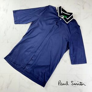 美品 Paul Smith ポール・スミス フロントボタン 襟切替 半袖コットンシャツ トップス メンズ 紺 ネイビー サイズL*RC131