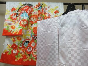 1円 良品 化繊 女児 子供着物 縮緬 七五三 和装 和服 産着 襦袢セット 扇子 花柄 御所車 高級 袷 身丈98cm 身巾44cm【夢職】★★★