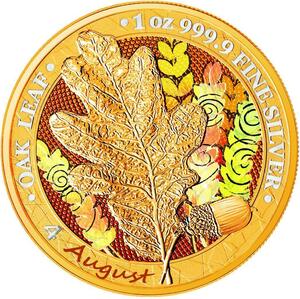 ドイツ　2019年　銀貨　5マルク　Oak Leaf - 12 Months Series -August　@5-44