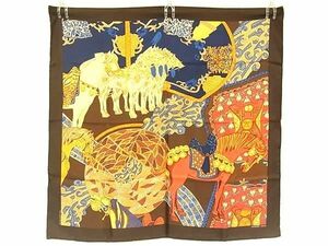 1円 ■新品同様■ HERMES エルメス カレ90 シルク100% 馬柄 大判 スカーフ ストール ショール ブラウン系×マルチカラー AW8971