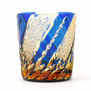 全国送料無料 江戸切子 琥珀色瑠璃被せクリスタルガラスロックグラス「風車」伝統工芸品 酒グラス（623）