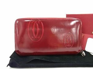 1円 ■美品■ Cartier カルティエ ハッピーバースデー パテントレザー ラウンドファスナー 長財布 ウォレット レディース レッド系 AX7749