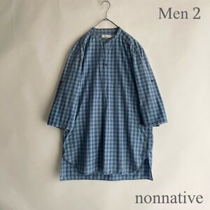 nonnative 日本製 ノンネイティブ TRAVELER PULLOVER LONG SHIRT ノーカラー プルオーバーシャツ インディゴチェック ブルー系 size 2 sk