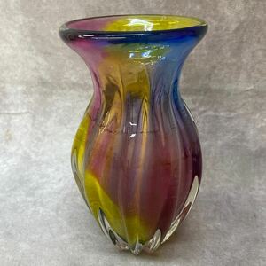 KAMEI GLASS カメイガラス 花瓶 高さ約25cm イエロー ブルー レッド オーロラ 手作り 工芸品 花器 花入 フラワーベース インテリア 希少