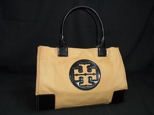 1円 TORY BURCH トリーバーチ エラ キャンバス×パテントレザー トートバッグ ショルダー 肩掛け ベージュ系×ブラック系 FK0475