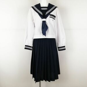 1円 セーラー服 スカート スカーフ 上下3点セット 160A 大きいサイズ 中間服 白3本線 女子 学生服 高知日高中学 白 中古 ランクC NA8800