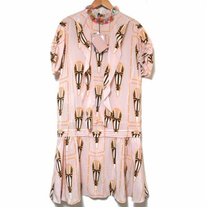新品同様 miumiu ミュウミュウ シルク100% 総柄 スパンコール ビジュー装飾 ひざ丈 ドレス ワンピース 40サイズ ライトピンク