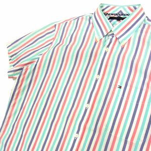 ◆TOMMY HILFIGER トミーヒルフィガー ボタンダウン 半袖 マルチストライプ シャツ 夏物 メンズ 1円スタート