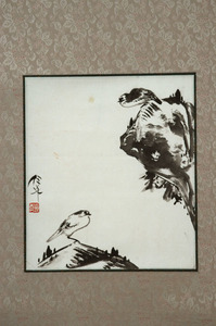 掛軸,茶掛,水墨画,中国画 劉 任球 画 岩に鳥