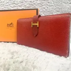 HERMES べアン　クラシック　リザード　レッド 長財布　本革