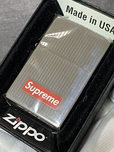 zippo シュプリーム ストライプ 両面加工 希少モデル 2015年製 シルバーインナー 2015年製 ケース 保証書付き