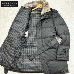 【極美品Lサイズ!!!】BURBERRY BLACK LABEL バーバリーブラックレーベル ラビットファー ダウンコート ヘリンボーン ホースロゴ刺繍 