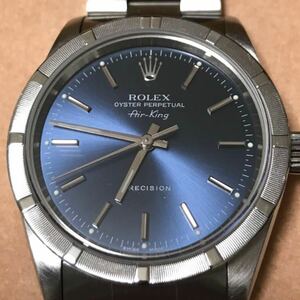 【美品】ロレックス ROLEX『エアキング』BLUE 青 エンジンターンドベゼル 14010 A番’99年頃製 メンズ 自動巻き 購入店保証 腕周り19.5cm