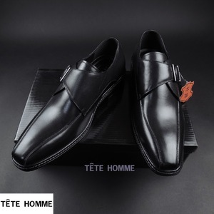 新品★TETE HOMME/テットオム/カウレザーシングルモンクストラップドレスシューズ5302/911黒/25ｃｍ