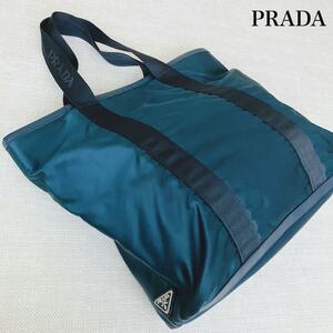 極美品 PRADA プラダ トートバッグ ポコノナイロン サフィアーノレザー 三角ロゴプレート 現行ロゴ ネイビー 大容量 A4 ビジネス マザーズ