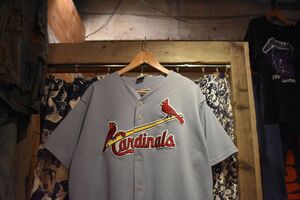 グッドスタイル90SビンテージMajesticマジェスティック×MLBメジャーリーグCardinalsカージナルズ半袖ベースボールシャツグレー系n24258