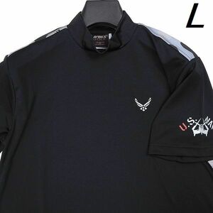 R390 新品 AVIREX GOLF アヴィレックス ゴルフ 背面カモプリント モックネック ストレッチ シャツ ロゴ刺繍 吸汗速乾 L ブラック