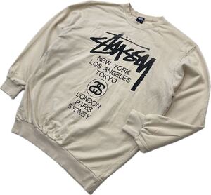 90s ☆ STUSSY ステューシー USA製 ワールドツアー 両面 スウェット シャツ トレーナー ベージュ L 秋冬 スケーター ストリート 古着■N253