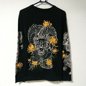 CROPPED HEADS クロップドヘッズ トップス シャツ 長袖 Tシャツ ロンティー 黒 ブラック 黄 和柄 龍 花 刺繍 サイズ L 人気 定番