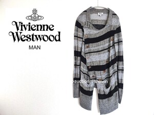 ヴィヴィアンウエストウッドマン リネン ボーダー 変形 アシンメトリー カーディガン VivienneWestwood MAN 44 グレー