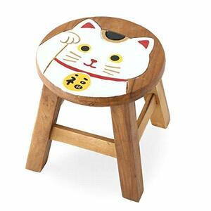 招き猫 木製 イス 椅子 ラウンドスツール アジアン雑貨 (白)