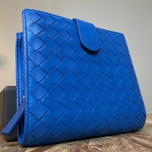 一円【美品！希少】 BOTTEGA VENETA ボッテガヴェネタ イントレチャート ロングウォレット　財布　男女　ブルー　箱付き