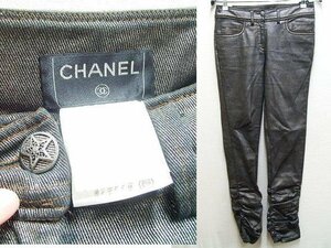 ◇即決[38]ほぼ未使用品 CHANEL シャーリング プリーツ ガンメタル スキニー スリム ストレッチ デニム シャネル デニム パンツ■2366