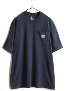 ■ カーハート ポケット付き 半袖 Tシャツ ( メンズ L ) 古着 CARHARTT ポケT ロゴT ヘビーウェイト クルーネック 無地T ワーク ネイビー