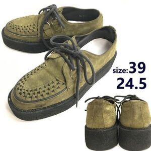 メーカー不明★クリーパーシューズ/ラバーソール【39/24.5/カーキ/khaki】スエード本革/クレープソール/Leather/Boots/shoes◆pWB106-08