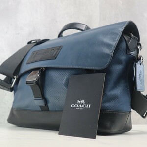 近年モデル 極美品 COACH コーチ 2way メッセンジャー 斜め掛け パンチング 紺 バイク バッグ テレイン メンズ ファスナー 革 レザー