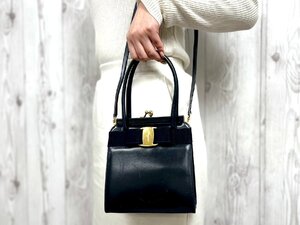 極美品 Ferragamo フェラガモ ヴァラリボン ハンドバッグ ショルダーバッグ バッグ レザー 紺 2WAY 80594