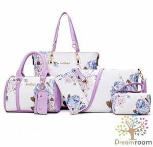 specialギフト 6点SET☆ PUレザー フラワー プリントバッグ 【花×ラベンダー】 BAG ハンドバッグ レディース