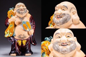 【善古堂】某有名オークション買入 時代物 九谷焼 九谷清幸作 巨大布袋造像56CM 骨董品 古美術1025-258S25　