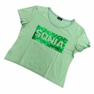 S207② 大きいサイズ 日本製 SONIA RYKIEL ソニアリキエル Tシャツ 半袖Tシャツ トップス 綿100% スパンコール レディース 46 グリーン 緑