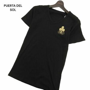 新品 未使用★ PUERTA DEL SOL プエルタデルソル ロゴワッペン 刺繍 半袖 Vネック リブ カットソー Tシャツ Sz.M　メンズ 黒　C4T03349_4#A