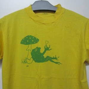 70s80s アメリカ製　Tシャツ M 黄色　マッシュルーム　カエル　染み込み　ヴィンテージ　アメカジ古着　sy3642