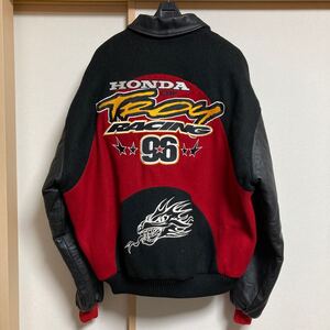 【希少】HONDA RACING ホンダレーシング ウィニングチーム SINISALO 5th DRAGON 襟袖レザー スタジャン 赤黒 Mサイズ 米国製