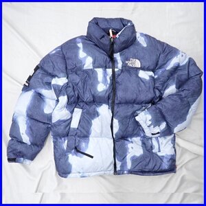 ★美品 Supreme×ノースフェイス Bleached Denim Print Nuptse Jacket ダウンジャケット メンズXL/ブルーインディゴ系/ND521001&1991200030