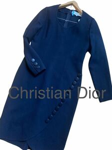 【クリスチャンディオールChristian Dior】ネイビー ニットワンピース 長袖 装飾ボタン スタイリッシュなデザイン 極上ウール 9号 M