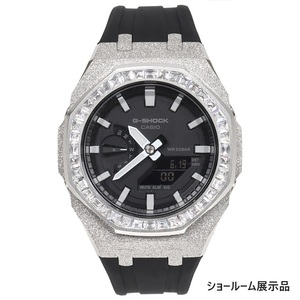 G-SHOCK GA2100 1a メタル カスタム フロステッド　シルバー ラバーバンド バゲットCZベゼル カシオーク ブラックベルト ステンレス製