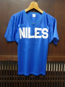 USA古着　80s NewSouth Tシャツ 青 ブルー NILES メッシュ Vネック スポーツ フットボール 半袖 アメリカ製 