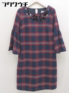 ◇ tocco closet チェック ビジュー付 七分袖 ミニ ワンピース サイズM レッド ネイビー グレー系 レディース