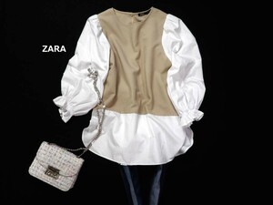 ザラ ZARA 大人可愛い☆ 異素材切り替えドッキング リップル生地 後ろプリーツシャツ デザインプルオーバーブラウス S