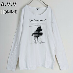 a.v.v アーヴェヴェ☆グランドピアノ＆英字デザインTシャツ／ロンT　48　M　WHITE ホワイト 白　ロングスリーブ