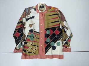 16．ETRO イタリア製 90s レトロ 総柄 ボードゲーム柄 ヴィンテージ シルク シャツ エトロ レディース44 白黄土色赤ピンク系x601