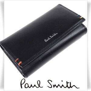 新品1円～★ポールスミス Paul Smith 牛革 レザー5連キーケース 黒 ブラック ハイライトステッチ ロゴ キーリング 正規店本物 ◆4918◆