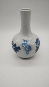 中国 古物 染付 花瓶 時代物 花器 青花 鳥図 花図 清時代 磁器 古磁 中国古美術